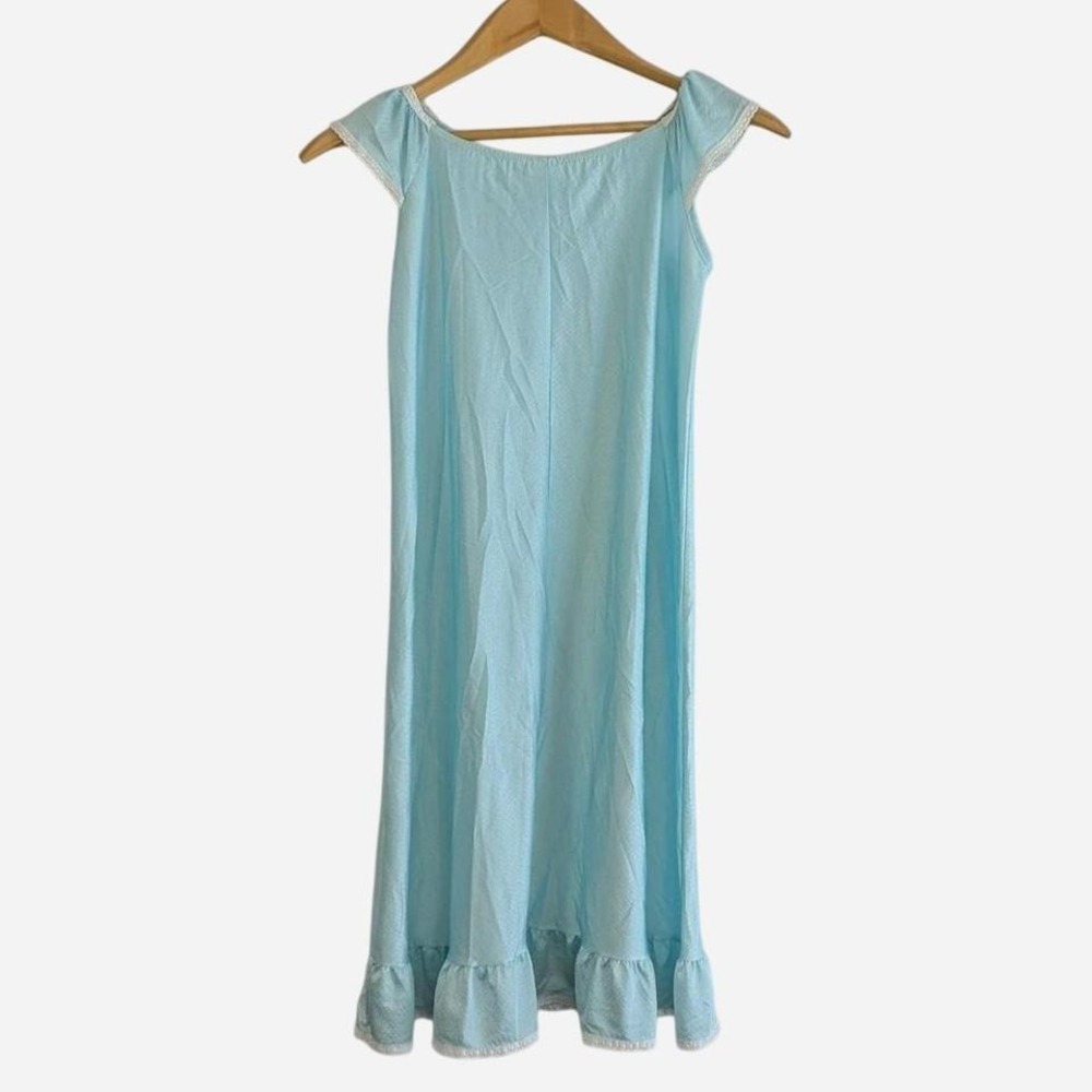 Vintage Her Majesty Blue Lace Trim Coquette Nightgown Ruffle Hem USA 6 - Picture 2 of 8